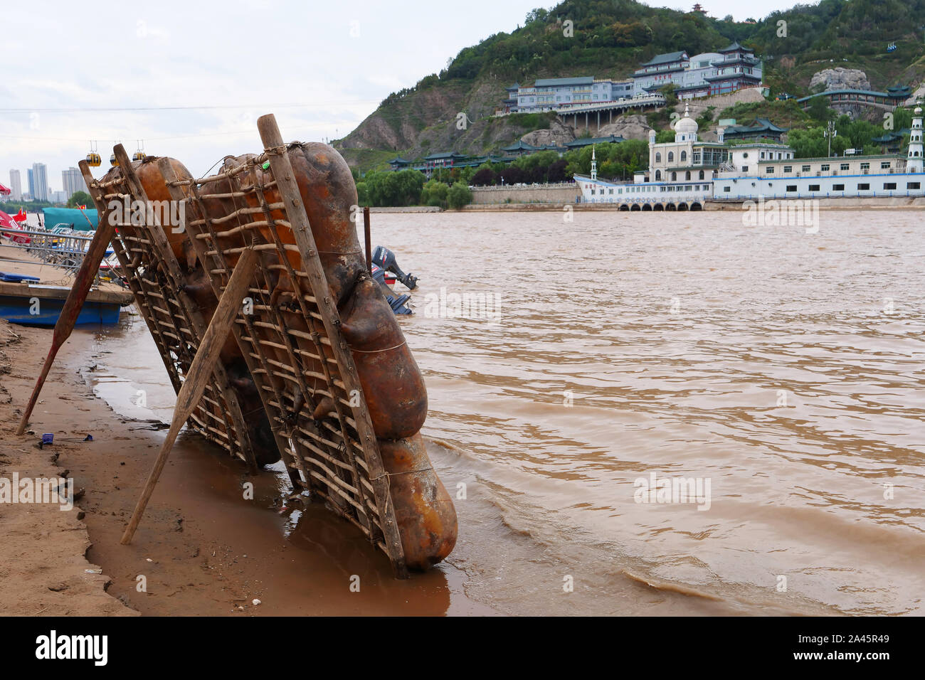 Sheepskin raft by the Yellow River in Lanzhou Gansu China Stock Photo