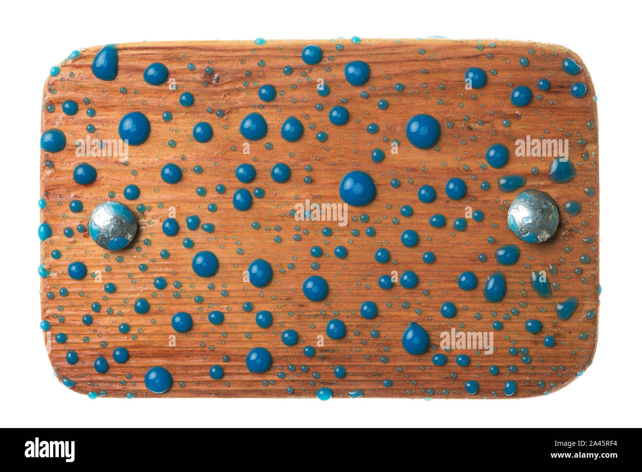 Beautiful blue paint on a wooden surface with shiny bolts. Isolated on