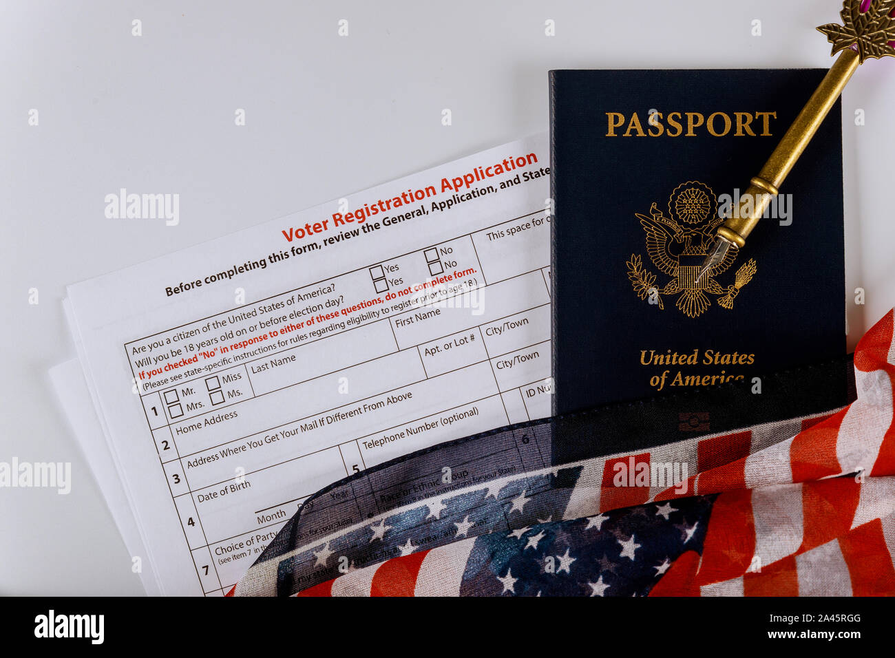 American Flag of Voter Registration Application form for presidential US election United States Passports Stock Photo