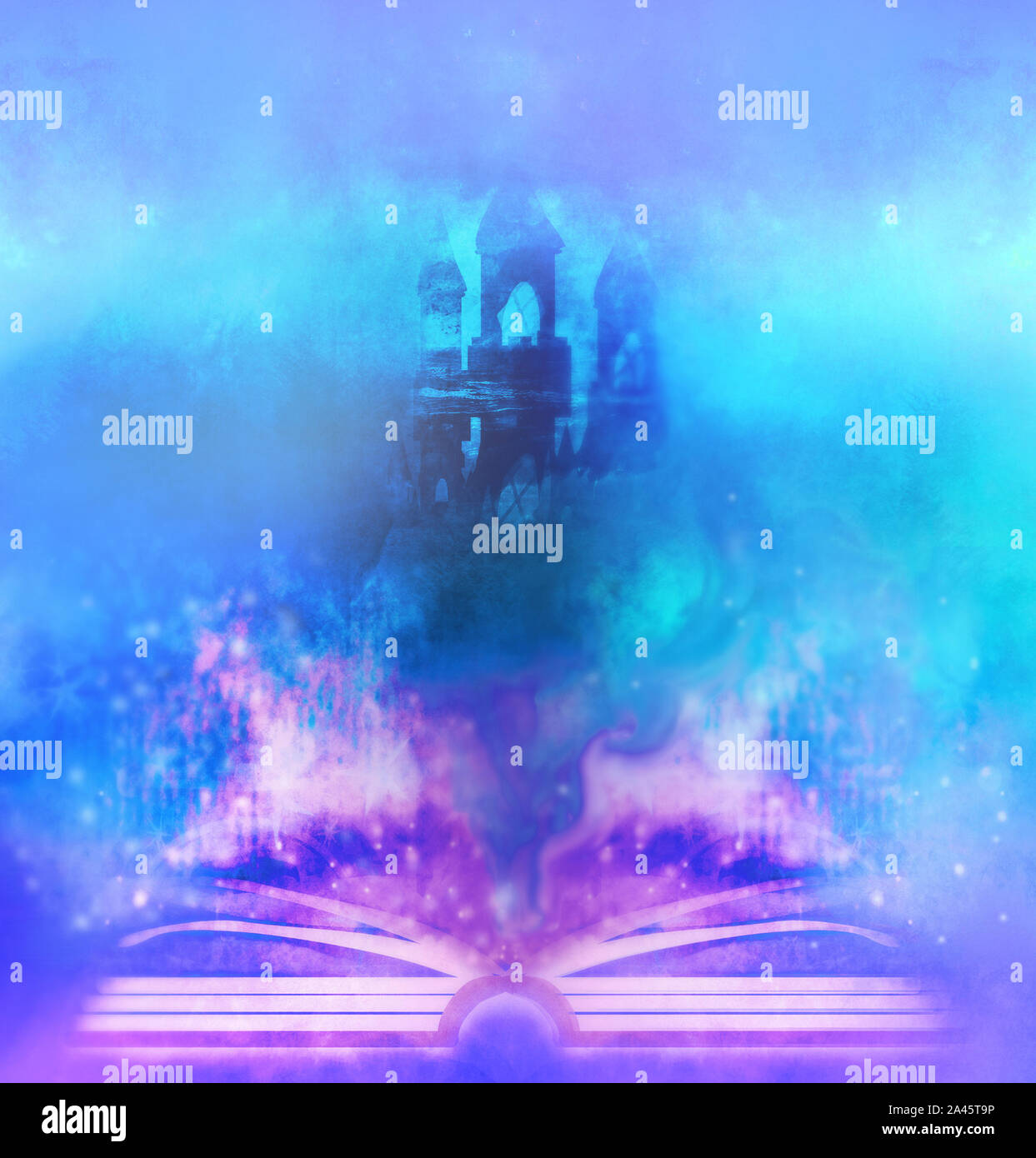 Magic world of tales, fairy castle appearing from the book Stock Photo ...