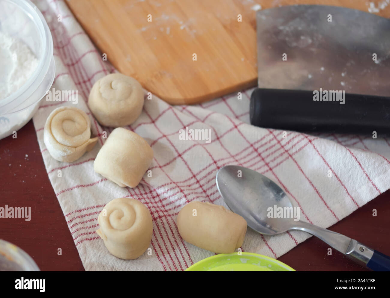 Homemade bread rolls with butter on table Stock Photo