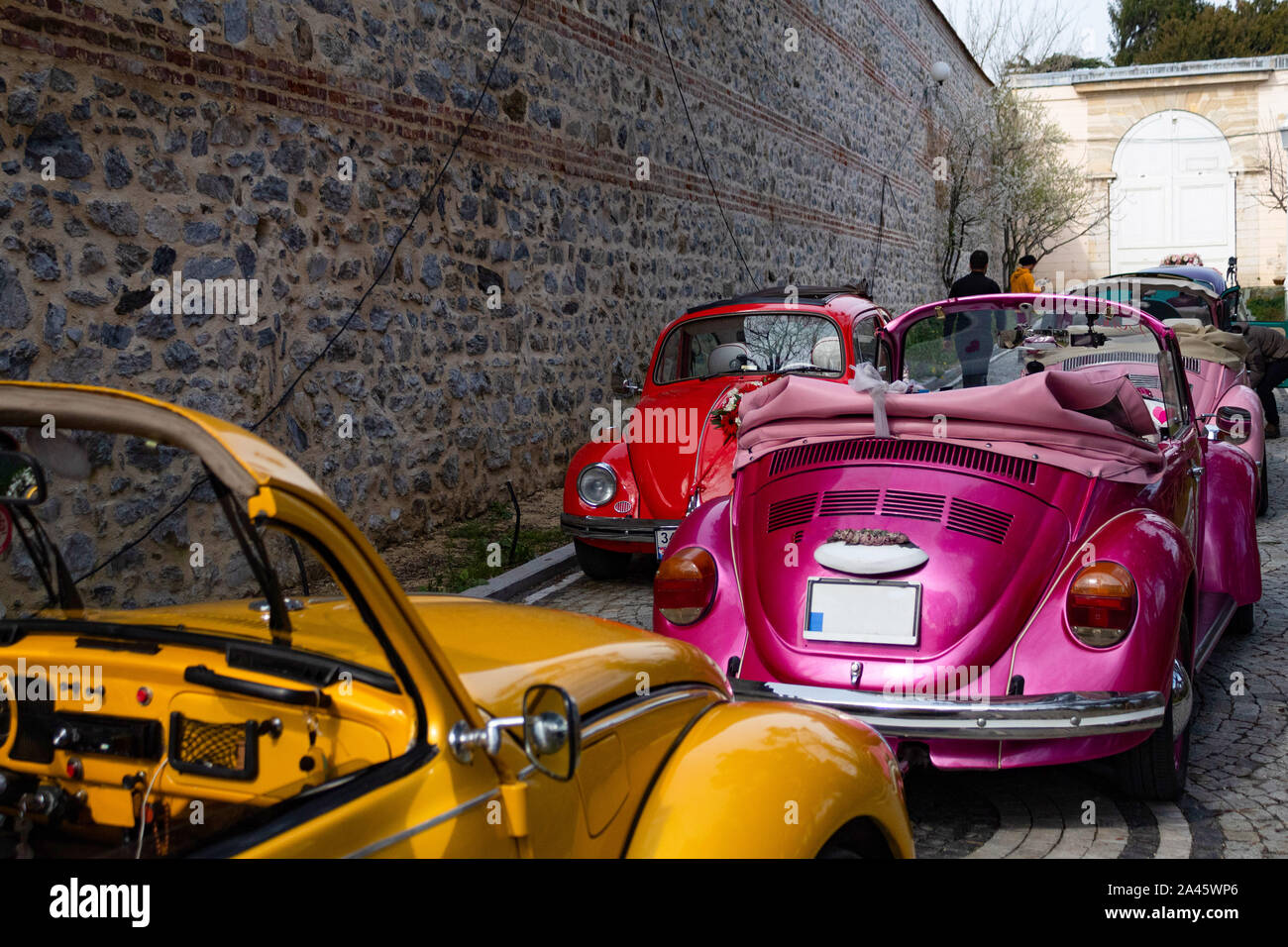 Yellow and purple colored classic convertible cars side view Stock Photo