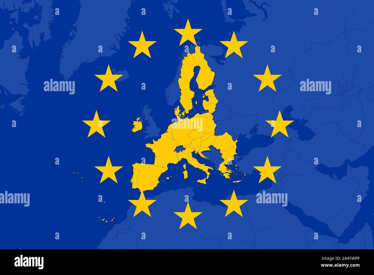 Flag of the European Union with the EU-member countries highlighted in yellow. Post brexit. Stock Vector