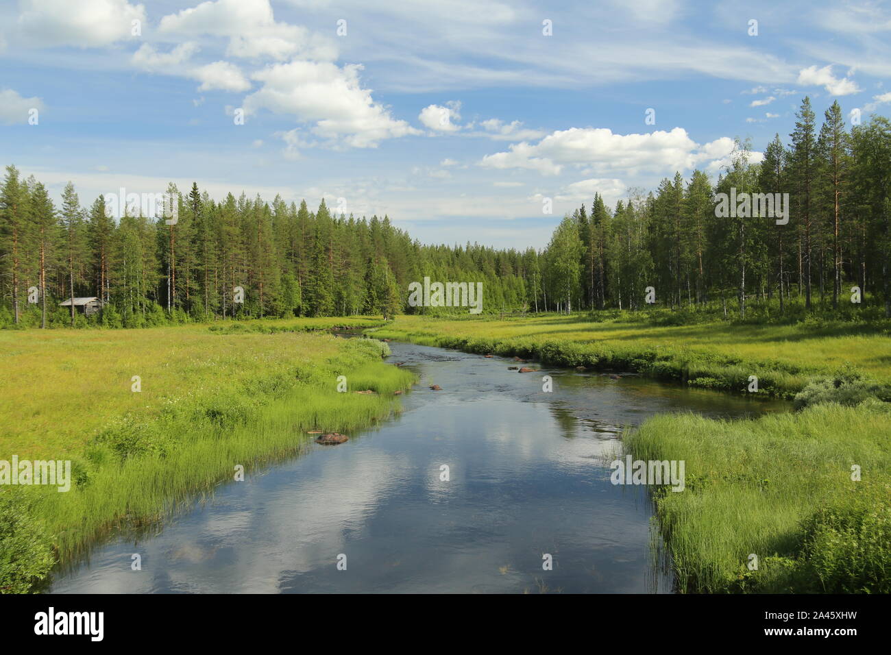 Beautiful view on stream Petikan in the Rortrask Silanger culture reserve in Lapland. Stock Photo