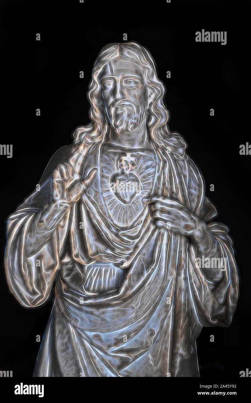 The Sacred Heart of Jesus. Color filters and enhancements applied.  The Christian religious symbol is located in the colonial Catholic church in Sagua Stock Photo