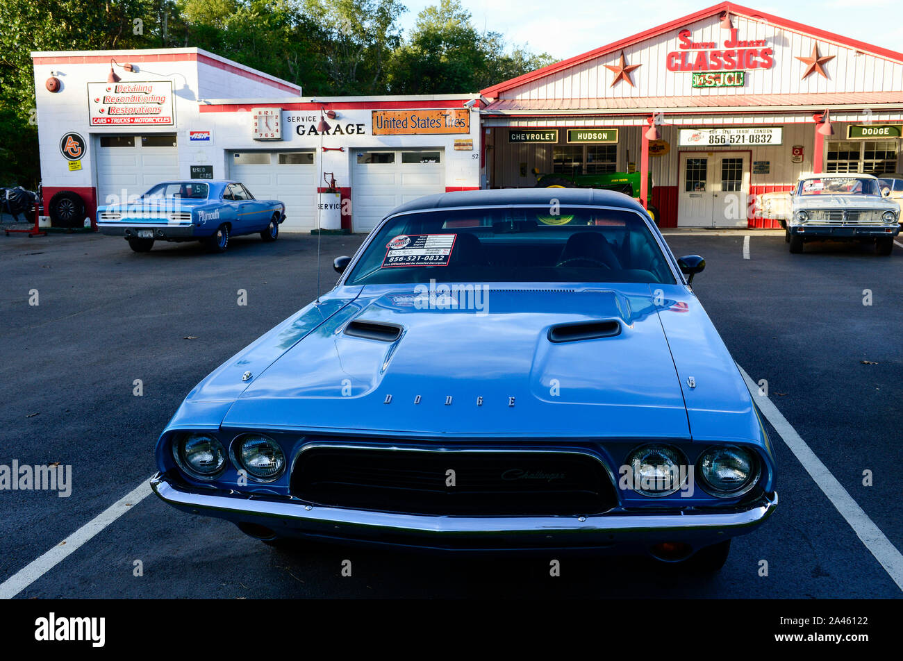 USA, New Jersey, classic car dealer and service, Dodge Challenger 1974 Stock Photo
