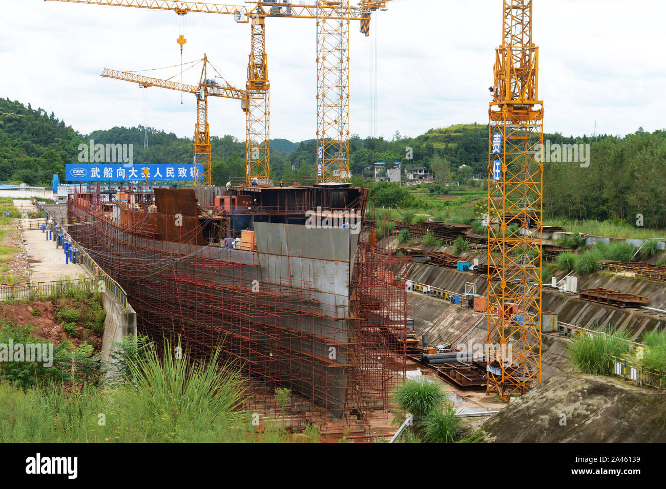 View of the constructing duplicate Titanic and its surroundings in Daying county, Suining city, southwest China's Sichuan province, 18 September 2019. Stock Photo