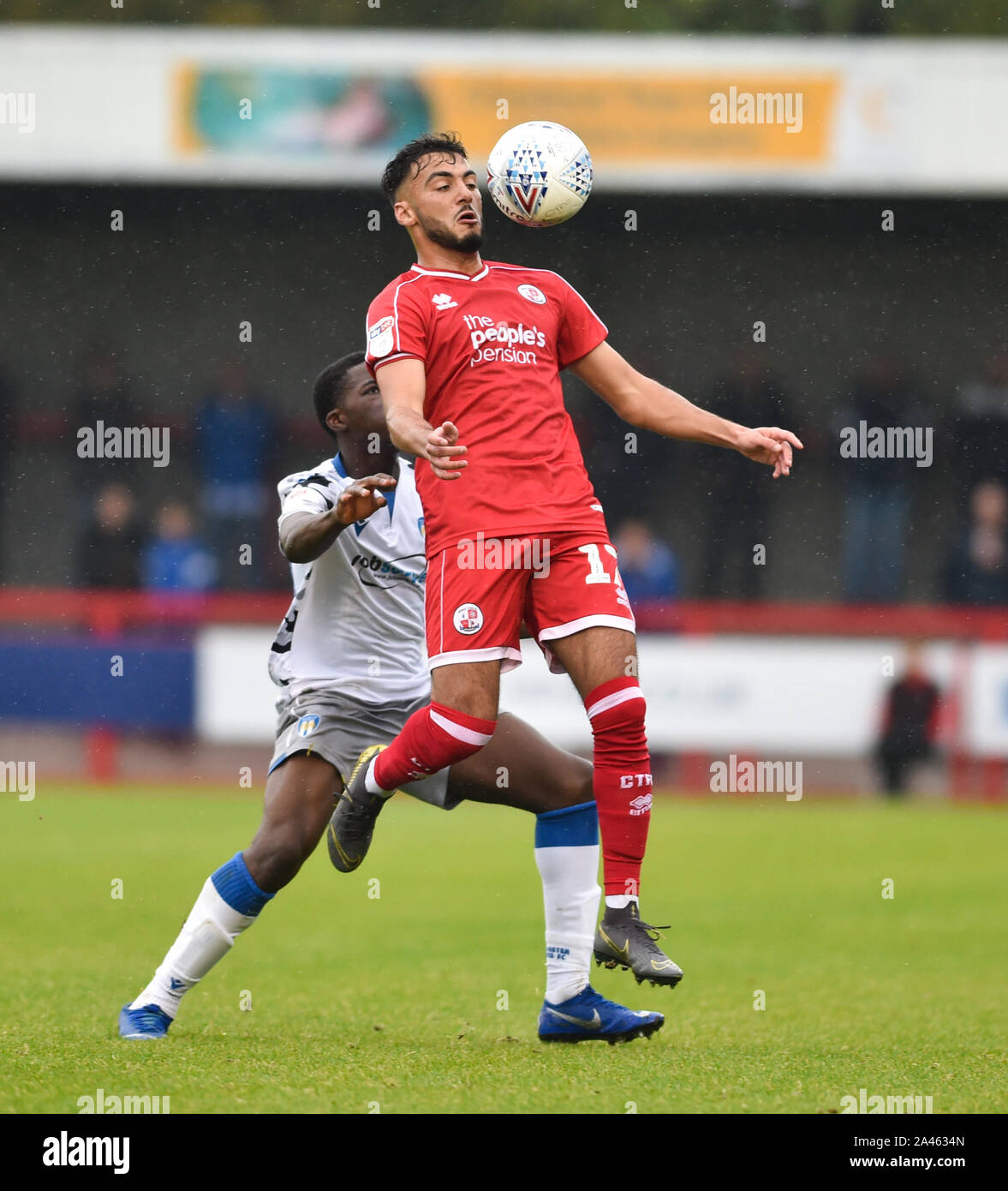 Crawley UK 12 October 2019 - Tarryn Allarakhia of Crawley traps the ball on his chest during the Skybet League Two match between Crawley Town and Colchester United at the People's Pension Stadium . Credit : Simon Dack TPI / Alamy Live News Stock Photo