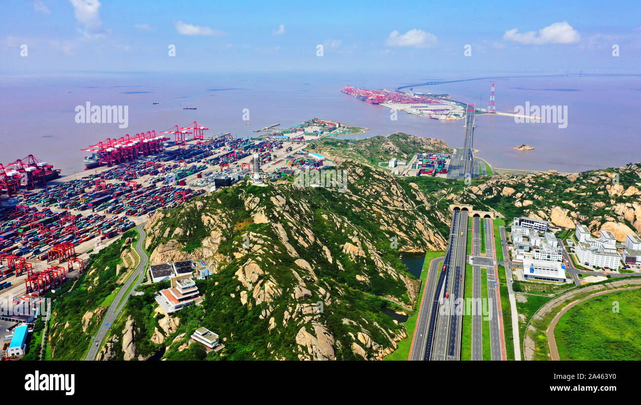 An aerial view of containers stored at Yangshan Port, a deep water port for container ships in Hangzhou Bay, which contributes 43.9% to the total thro Stock Photo