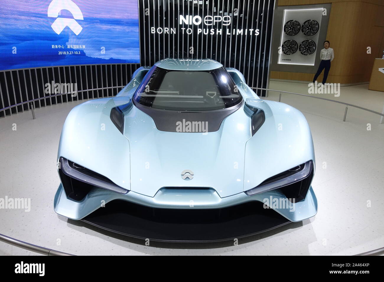FILE--An electric car of Chinese electric-car firm NIO is shown at an  exhibition in Shanghai, China, 27 September 2018. Shanghai-based NIO Inc.  is poised to report Tuesday that it lost another 2.6