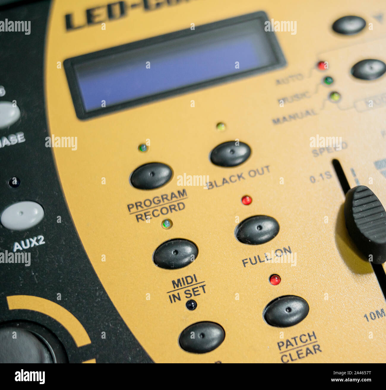 Detail shot of dmx light table with programming keypad, display and configuration and reproduction faders Stock Photo