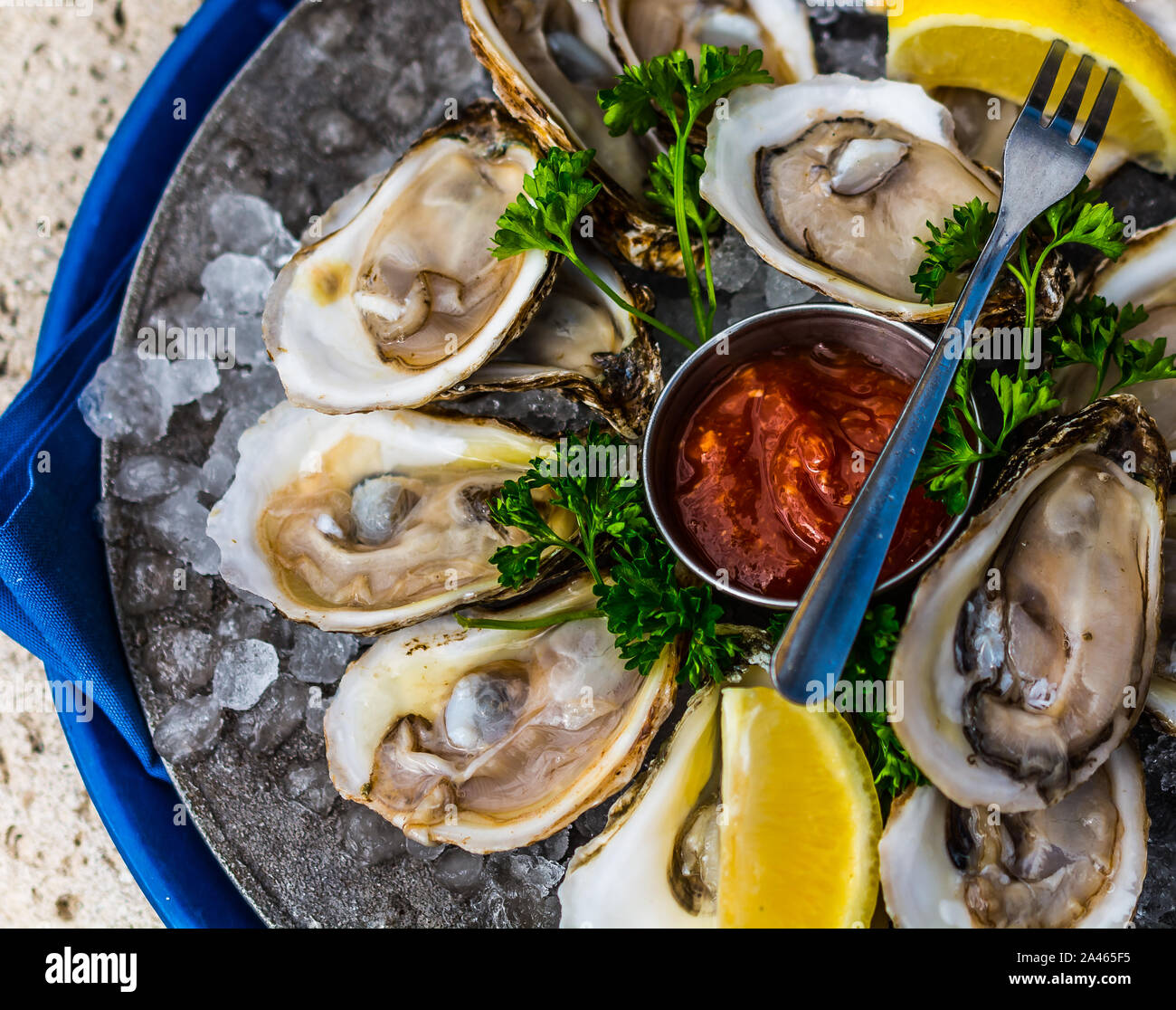 Serving of Raspberry Point Oysters from Prince Edward Island Stock