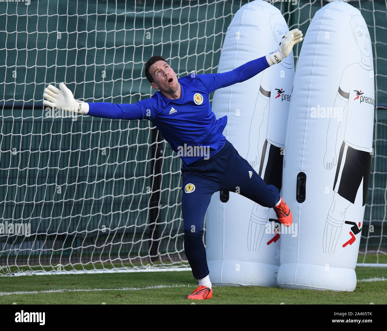 Edinburgh,Scotland ,UK. 12th Oct 2019. Goalkeeper Jon McLaughlin (Sunderland ) delighted with his starting role v San Marino .Scotland  Football Team  training session at the Oriam, Riccarton, Edinburgh,  for Scotlands   UEFA EURO 2020 Qualifier fixture against  San Marino at Hampden Park Glasgow  (13th Oct 19) Stock Photo