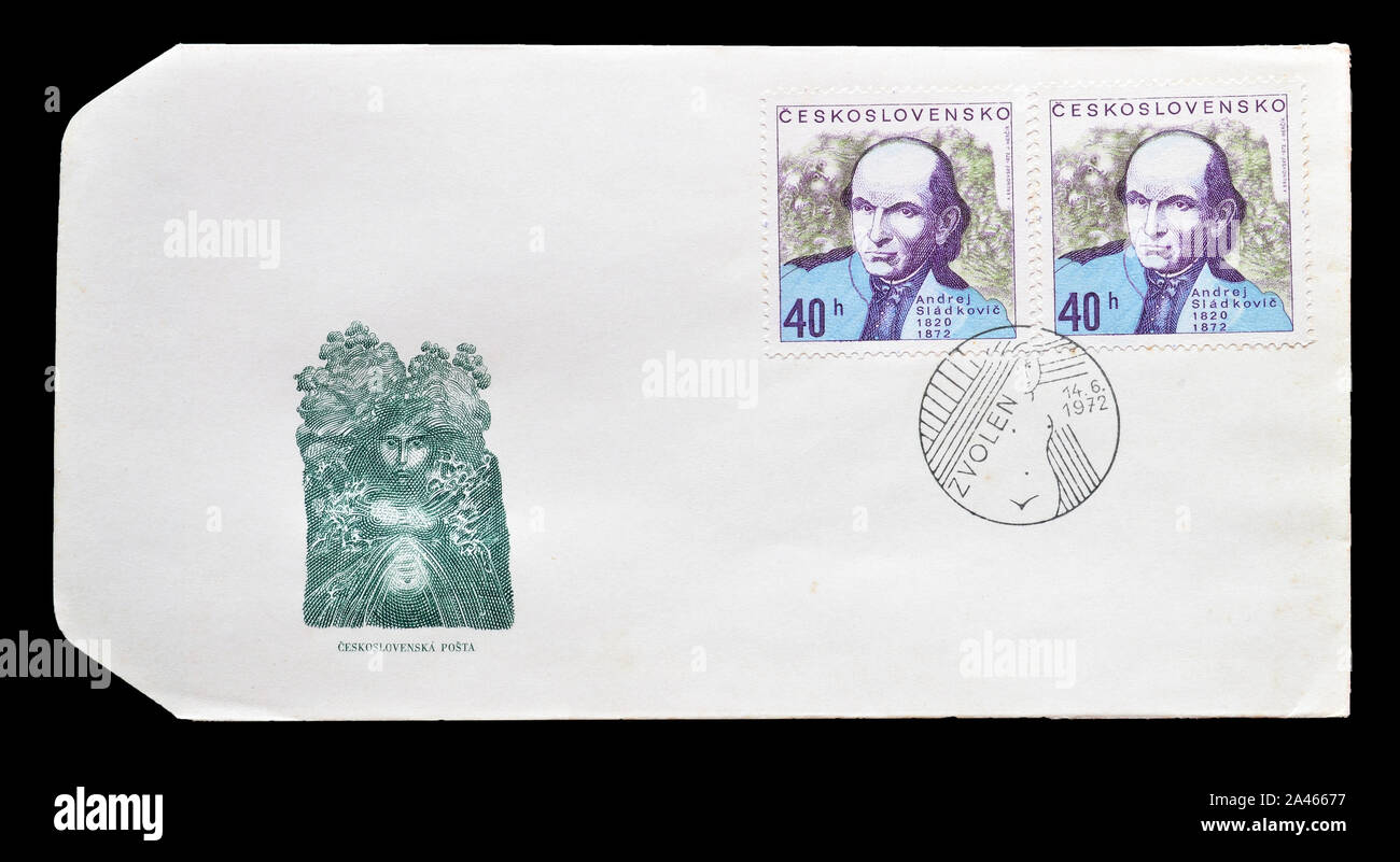 First Day Cover Letter, printed by Czechoslovakia, with cancelled postage stamps that show Andrej Sladkovic circa 1972. Stock Photo