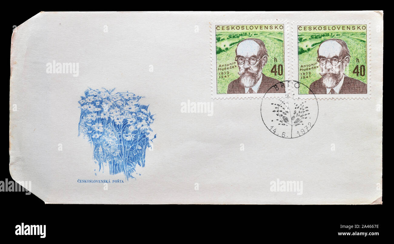 First Day Cover Letter, printed by Czechoslovakia, with cancelled postage stamps that show Antonin Hudecek, circa 1972. Stock Photo