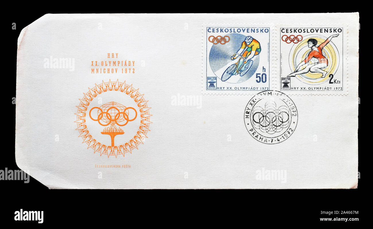 First Day Cover Letter, printed by Czechoslovakia, with cancelled postage stamps that promote Olympic Games in Munich, circa 1972. Stock Photo
