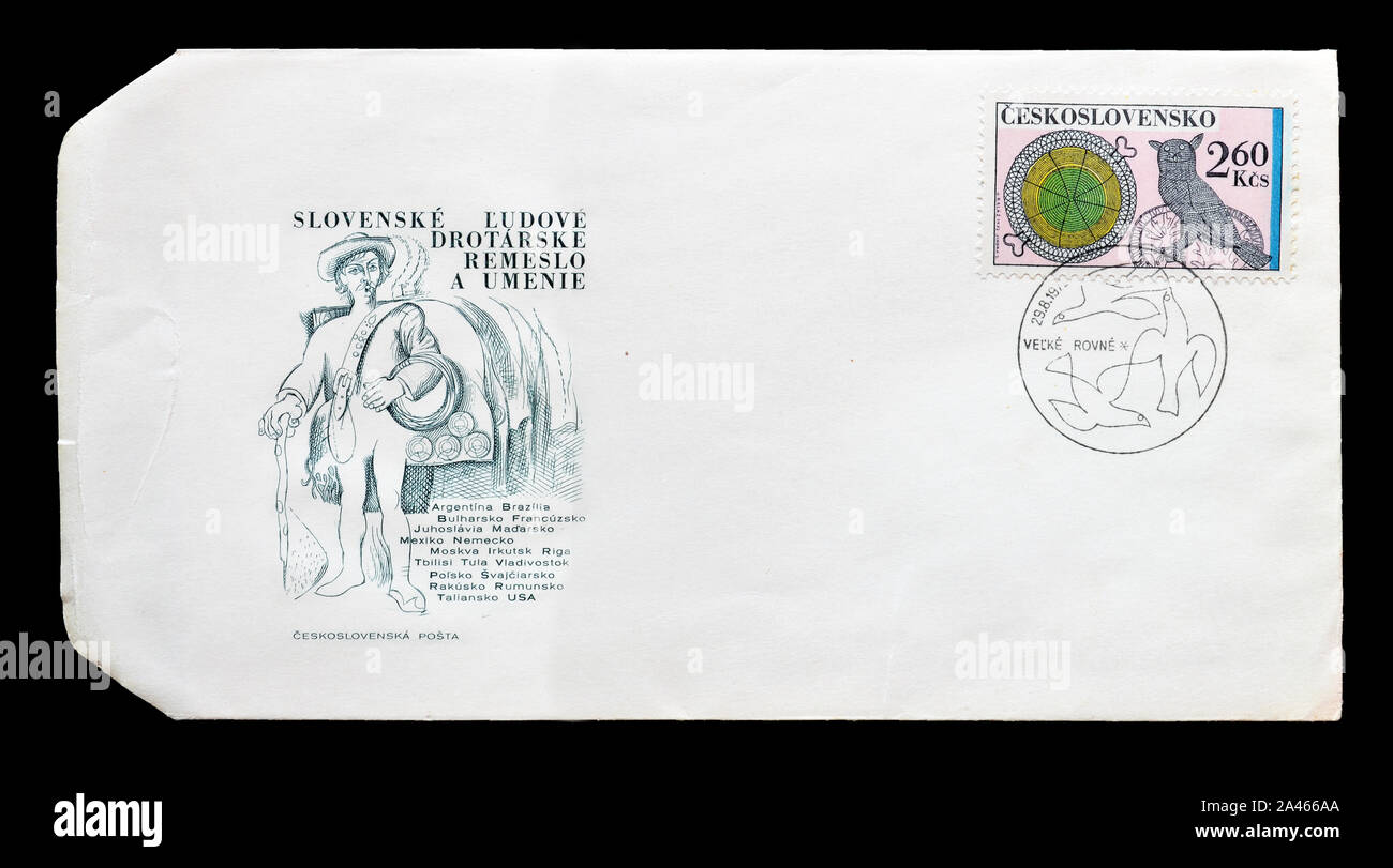 First Day Cover Letter, printed by Czechoslovakia, with cancelled postage stamps that show Ornamental Wirework, circa 1972. Stock Photo