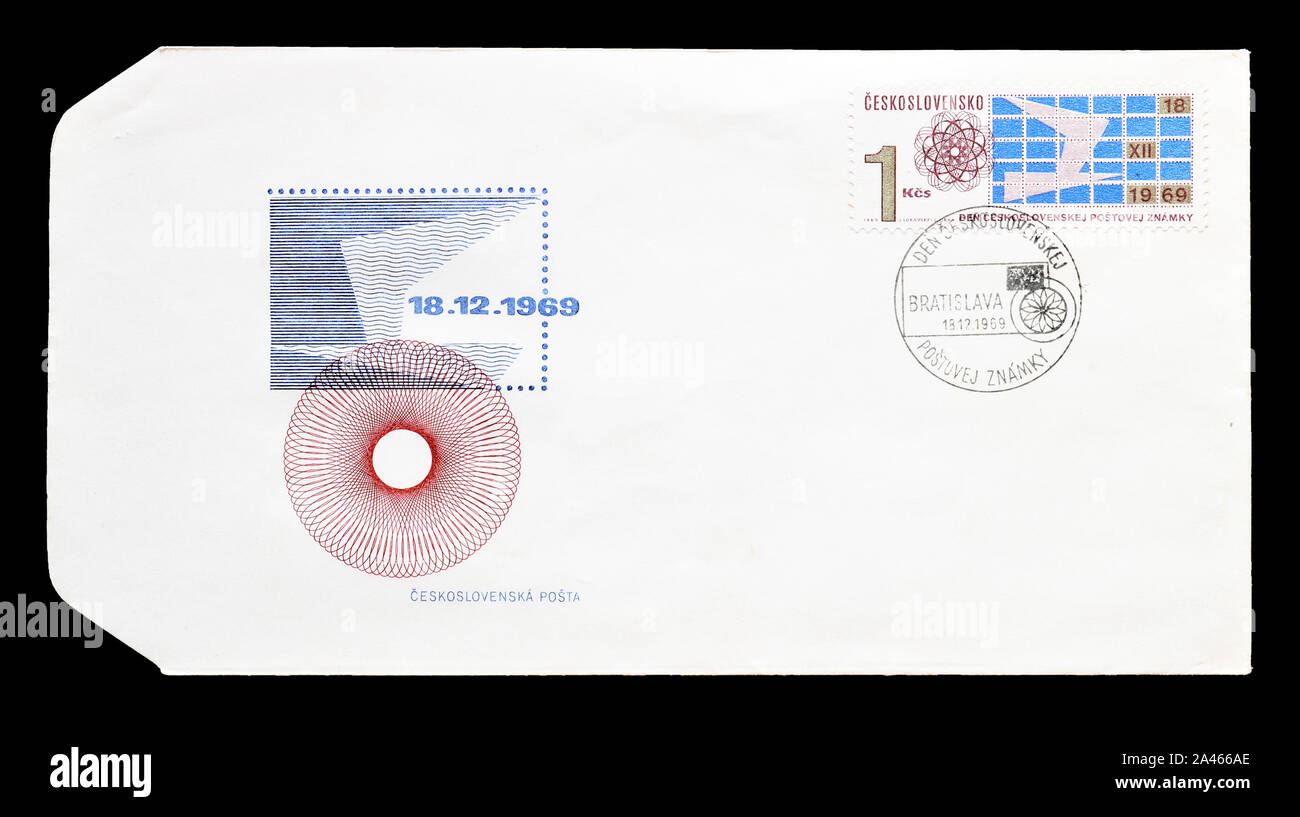 First Day Cover Letter, printed by Czechoslovakia, with cancelled postage stamps that show Symbolic Sheet of Stamps, circa 1969. Stock Photo