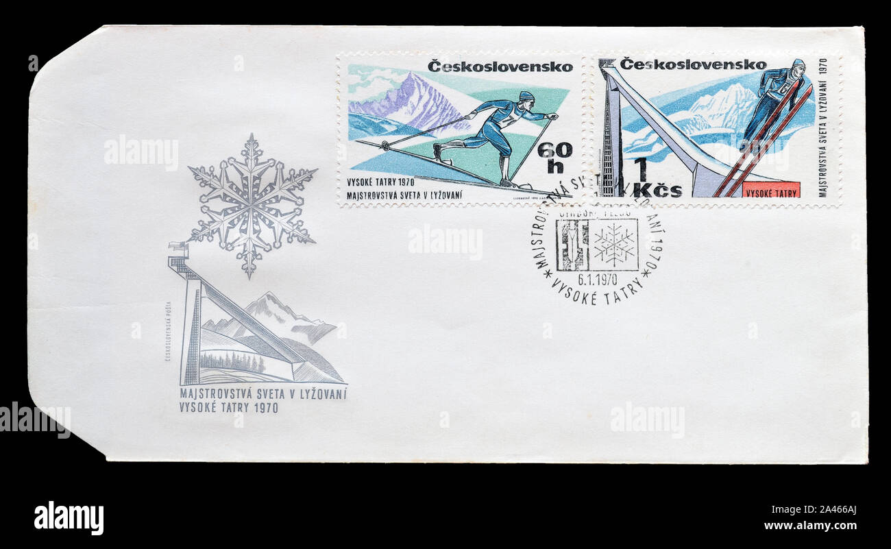 First Day Cover Letter, printed by Czechoslovakia, with cancelled postage stamps that show Winter Sports, circa 1970. Stock Photo