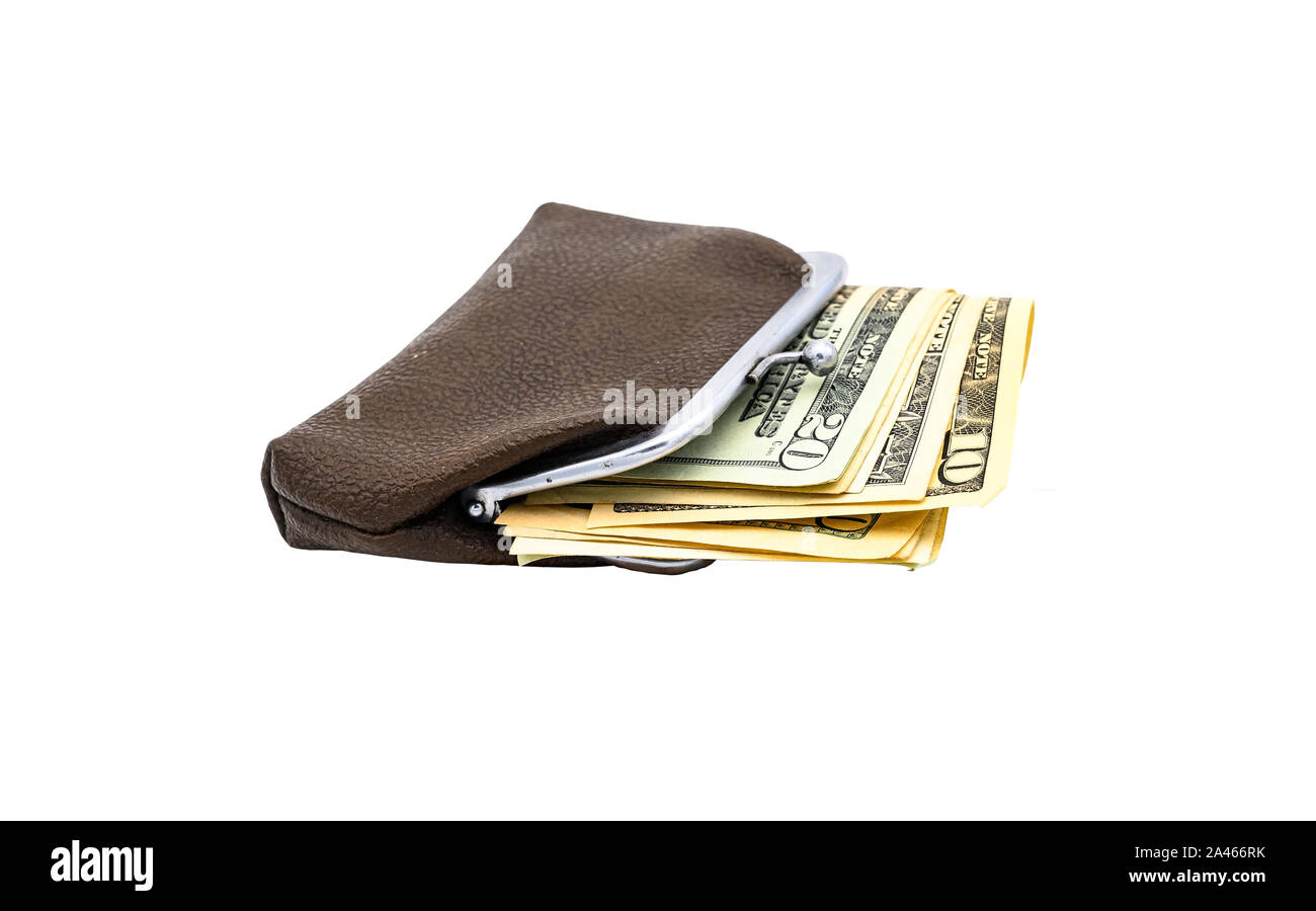 Vintage brown leather wallet with metal clasp with dollar bills. Isolate on a white background Stock Photo