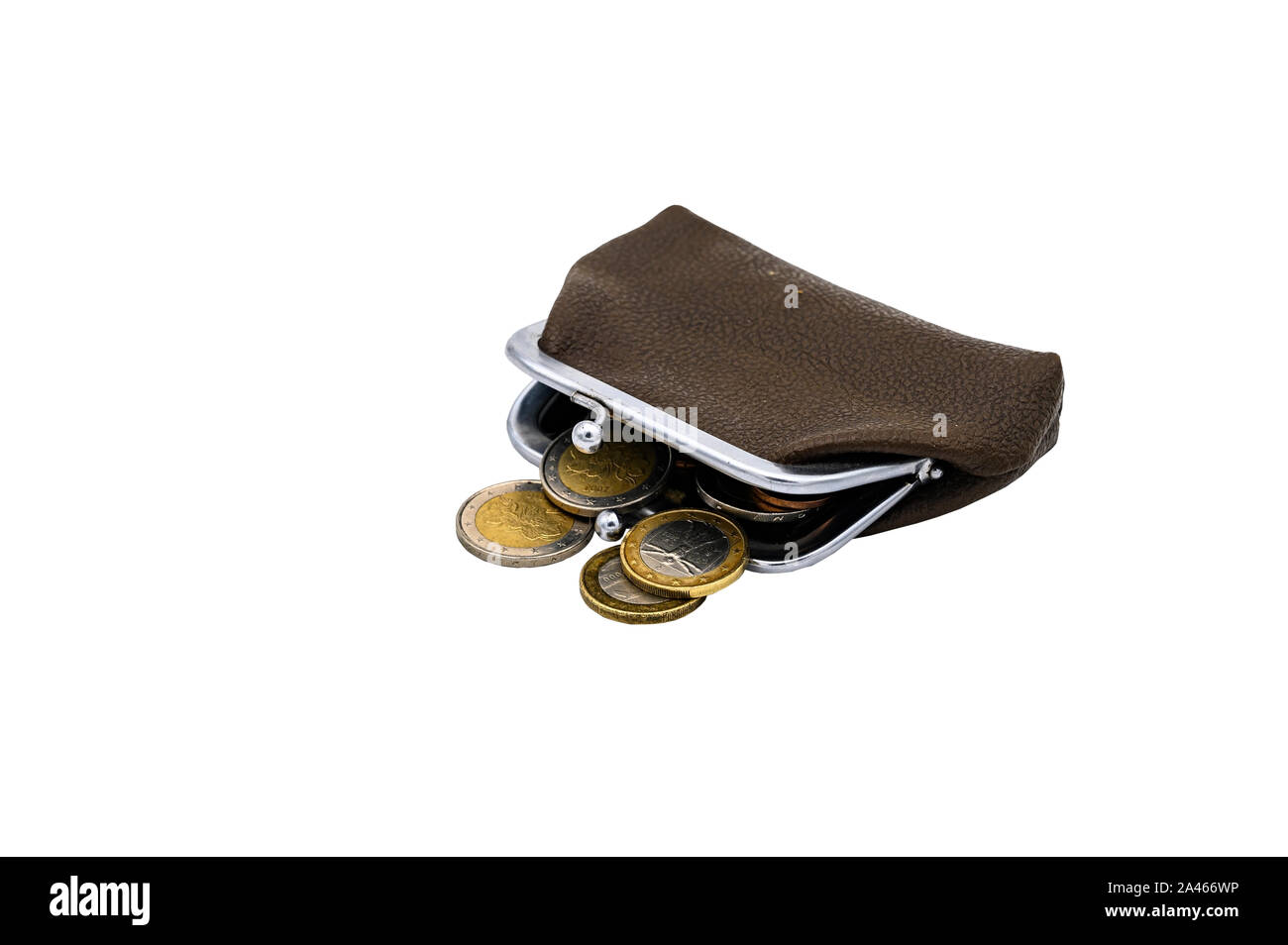 Vintage brown leather wallet with metal clasp with Euro coins. Isolate on a white background Stock Photo