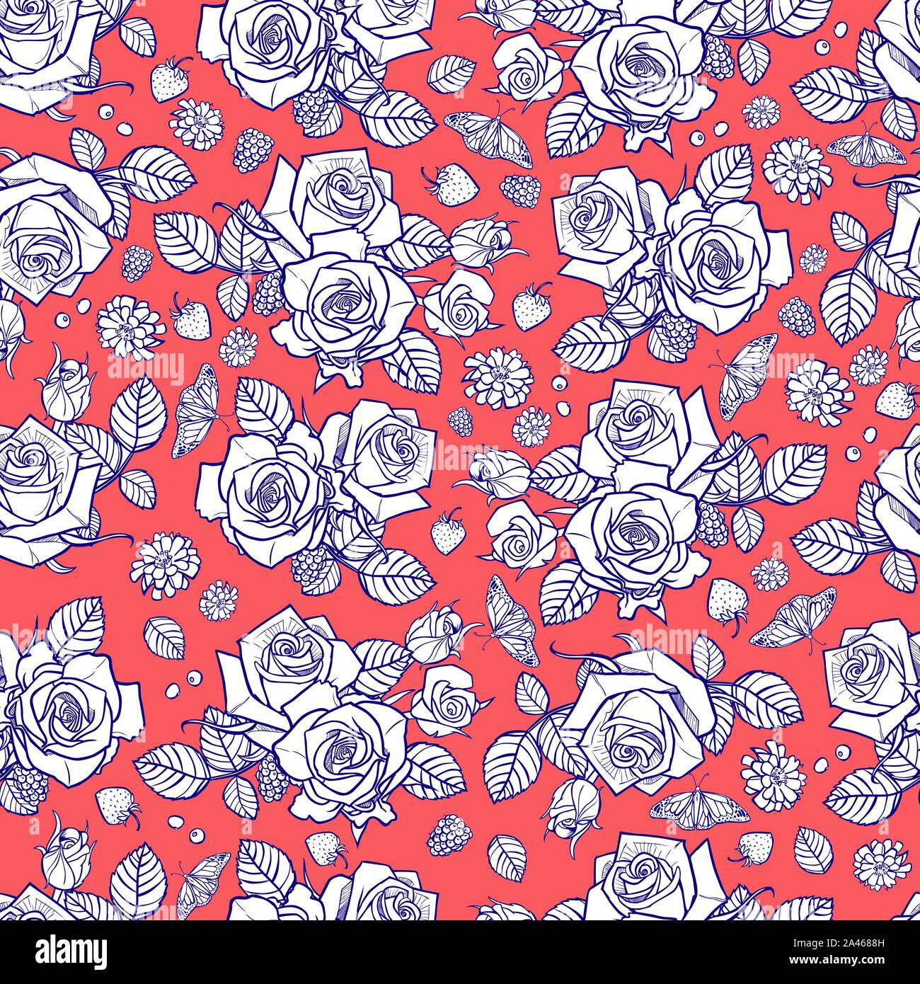 Vector orange and white roses and berries seamless pattern. Perfect for ...