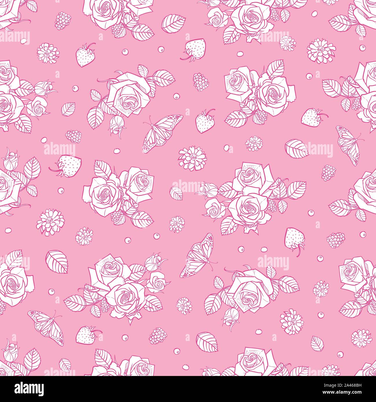 Vector pink and white roses and berries seamless pattern. Perfect for ...