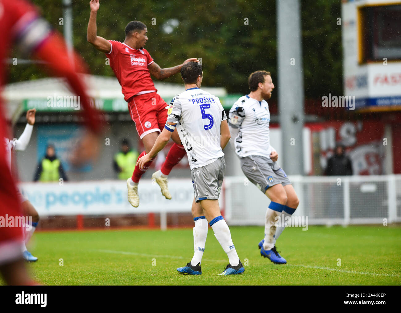 Crawley UK 12 October 2019 - Mason Bloomfield of Crawley heads in their second goal  during the Skybet League Two match between Crawley Town and Colchester United at the People's Pension Stadium . Credit : Simon Dack TPI / Alamy Live News Stock Photo