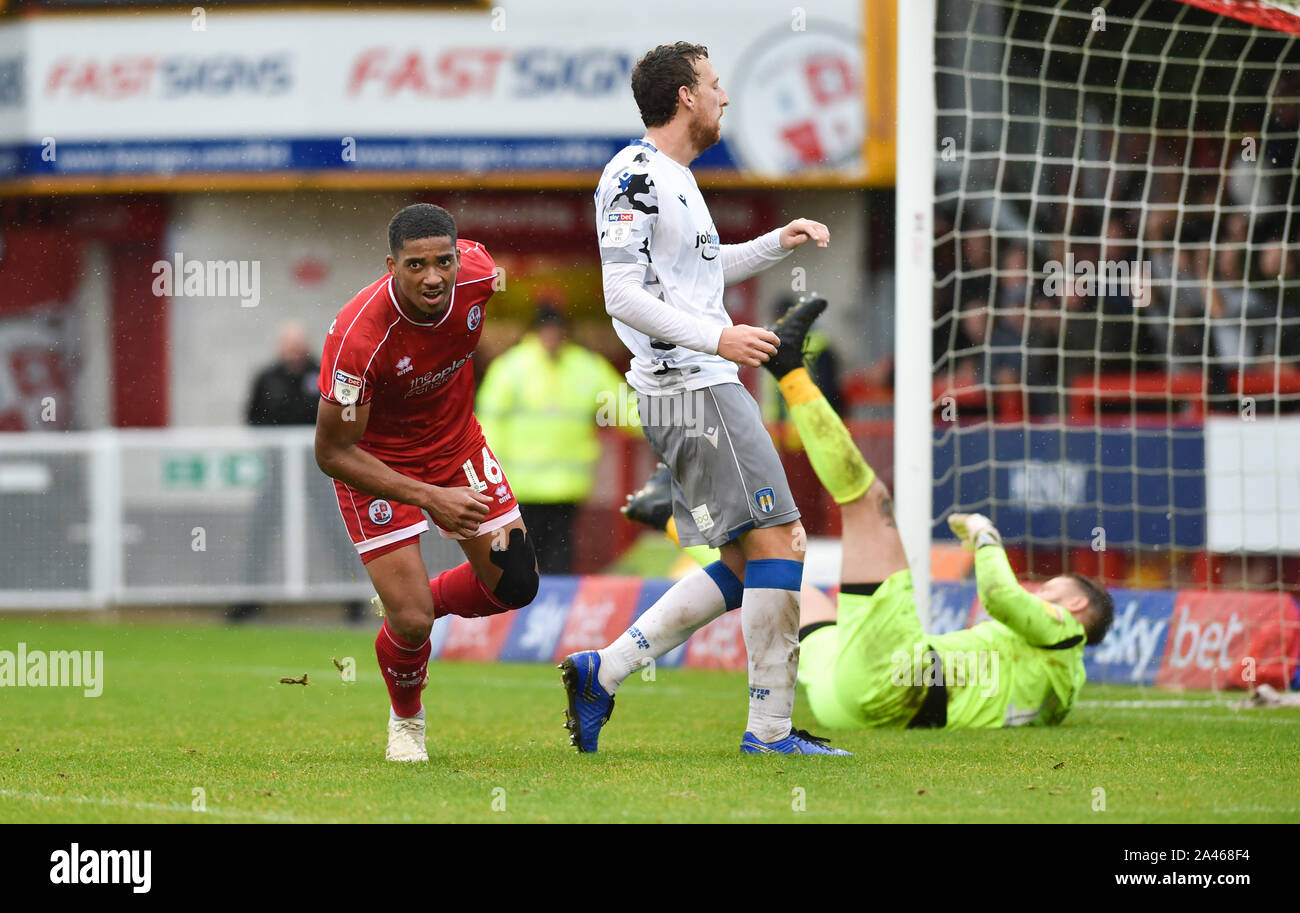 Crawley UK 12 October 2019 - Mason Bloomfield of Crawley starts to celebrate after scoring their second goal during the Skybet League Two match between Crawley Town and Colchester United at the People's Pension Stadium . Credit : Simon Dack TPI / Alamy Live News Stock Photo