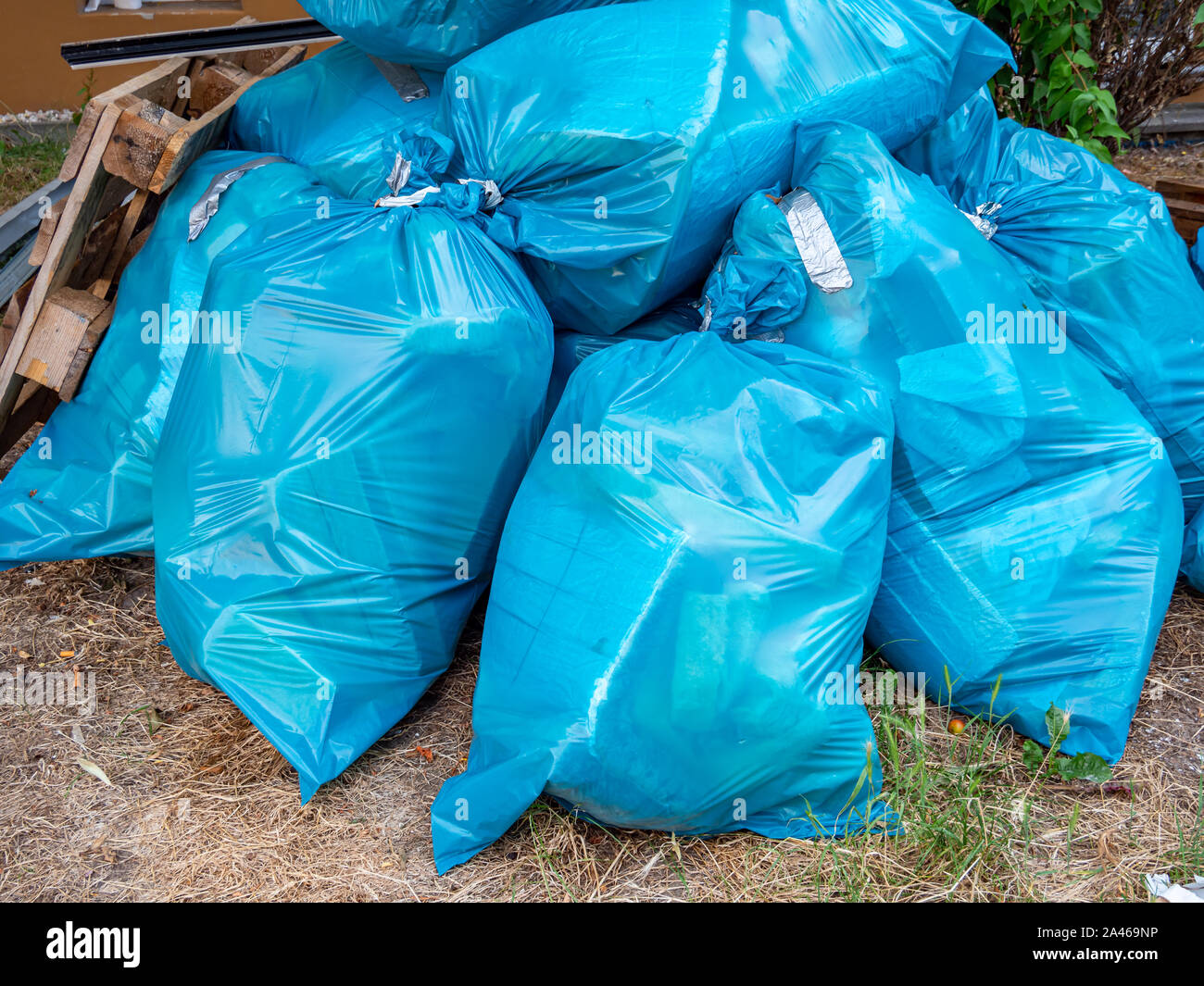 Many blue garbage bags on the recycling yard Stock Photo Alamy