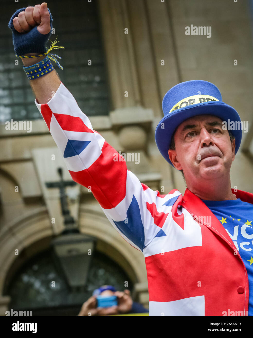 London, UK, 12 Oct 2019. Westminster's 'Stop Brexit Man', Steven Bray, is a speaker at the rally. Protesters rally in Westminster to defend the rights of the 5 million+ European Citizens living in the UK and British Citizens in the EU who are directly affected by Brexit. Key speaker and rally sites include outside Europe House, the European Parliament UK offices, The Home Office and 55 Tufton Street, base of several Eurosceptic and Brexit-related think tanks. Stock Photo