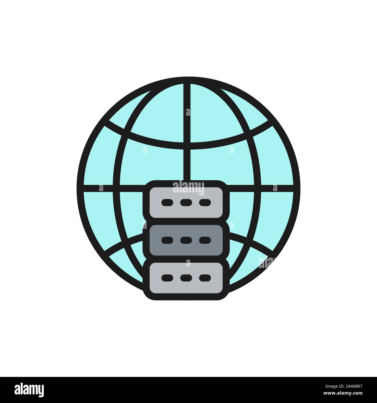Global hosting server, data centr flat color line icon. Stock Vector