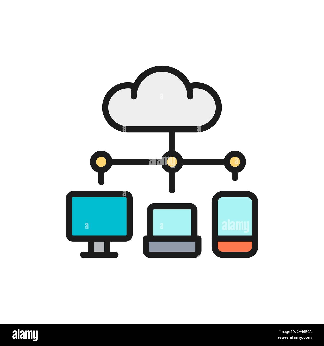 Cloud computing, data storage network technology flat color line icon. Stock Vector