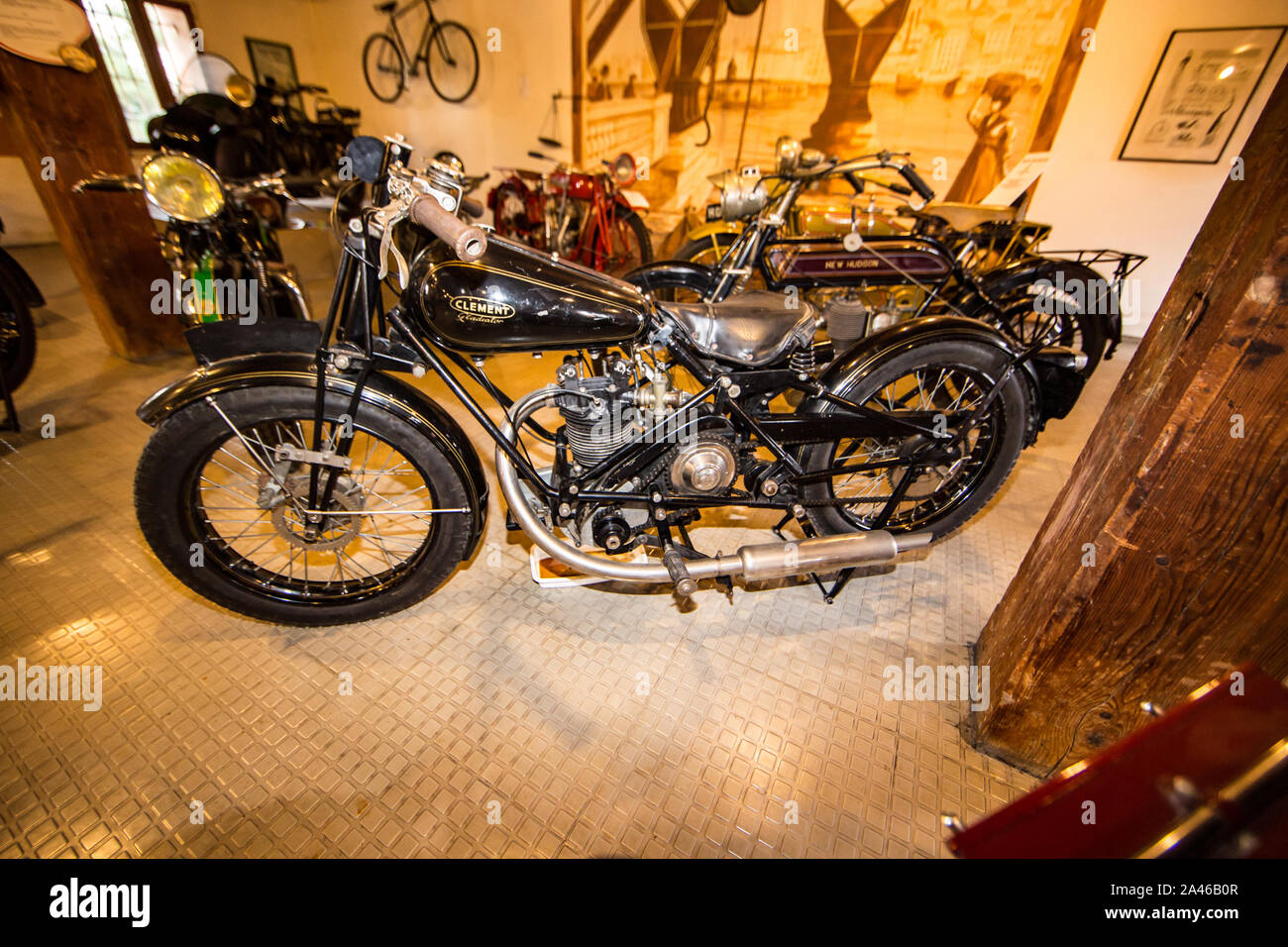 Marseille (France) Musée de la moto - Motorcycle museum : Clement Gladiator 'Berceuse' 500cc 1930 (French) Stock Photo
