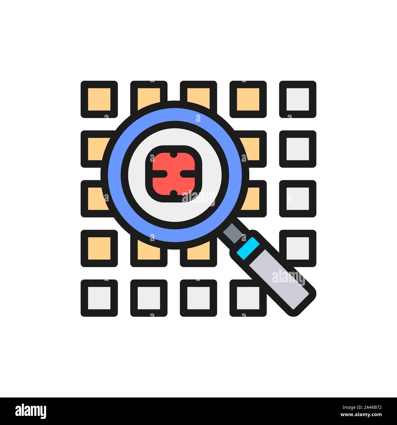 Computer virus search, security system flat color line icon. Stock Vector