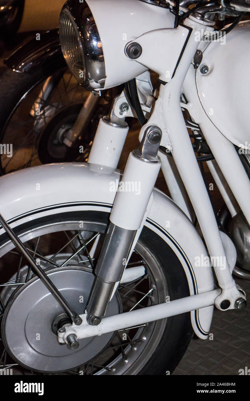 Marseille (France) Musée de la moto - Motorcycle museum BMW Earles front suspension Stock Photo