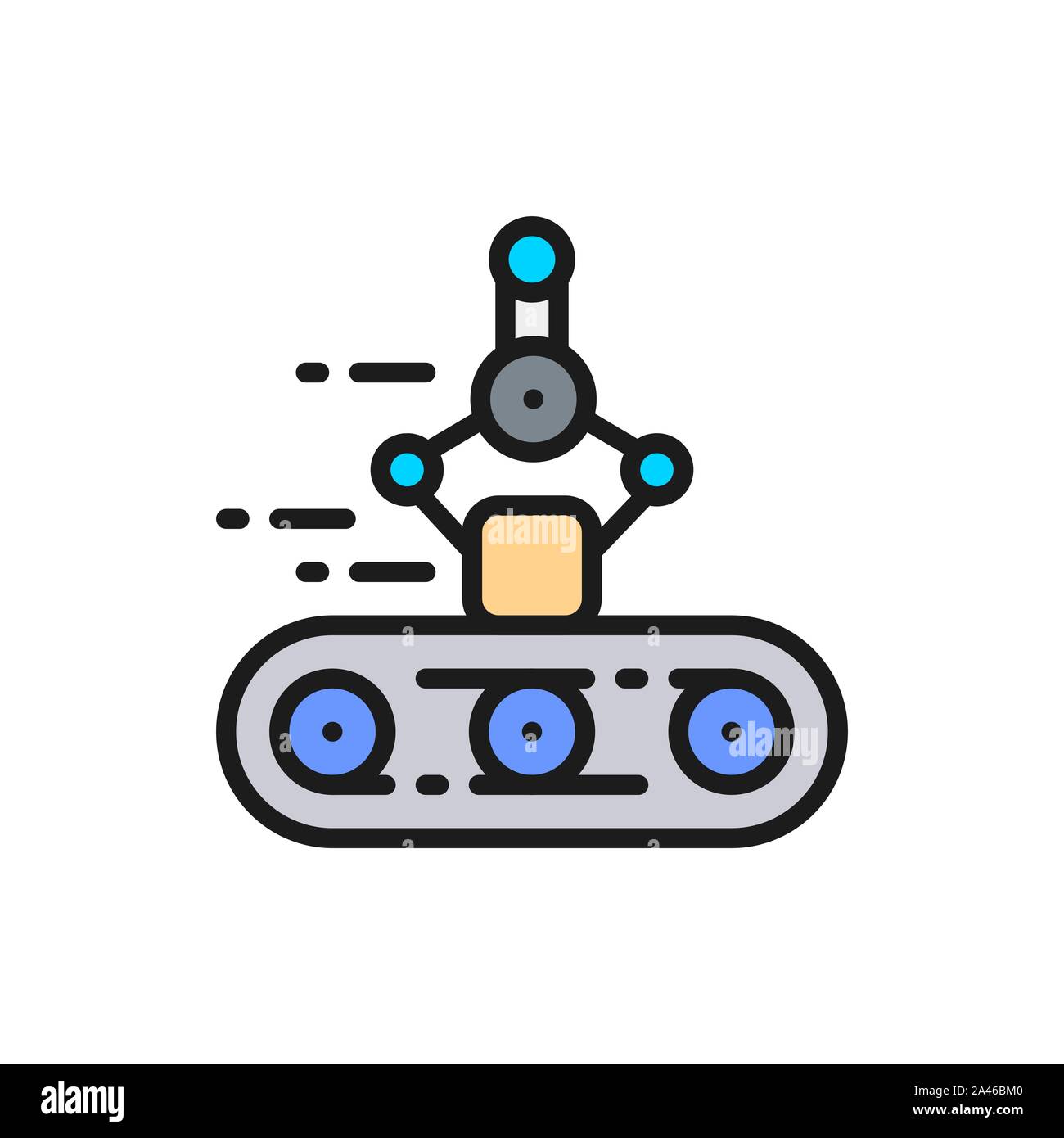 Conveyor belt with mechanical arm, robotic packaging flat color line icon. Stock Vector