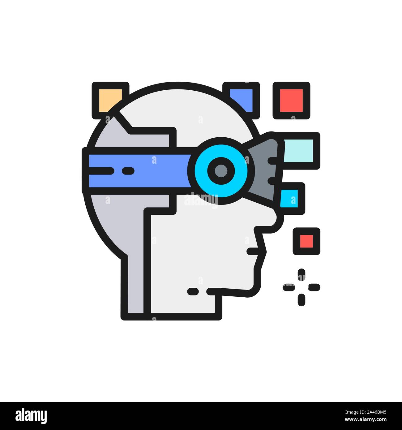 Robot, artificial intelligence, virtual reality helmet flat color line icon. Stock Vector