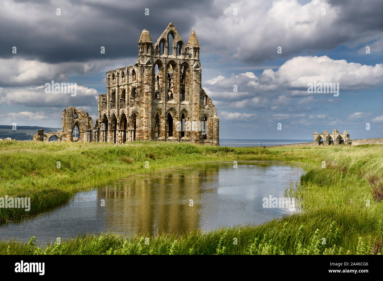 Gothic Ruins Of 13th Century Whitby Abbey Church And Abbey House On The gothic-ruins-of-13th-century-whitby-abbey-church-and-abbey-house-on-the