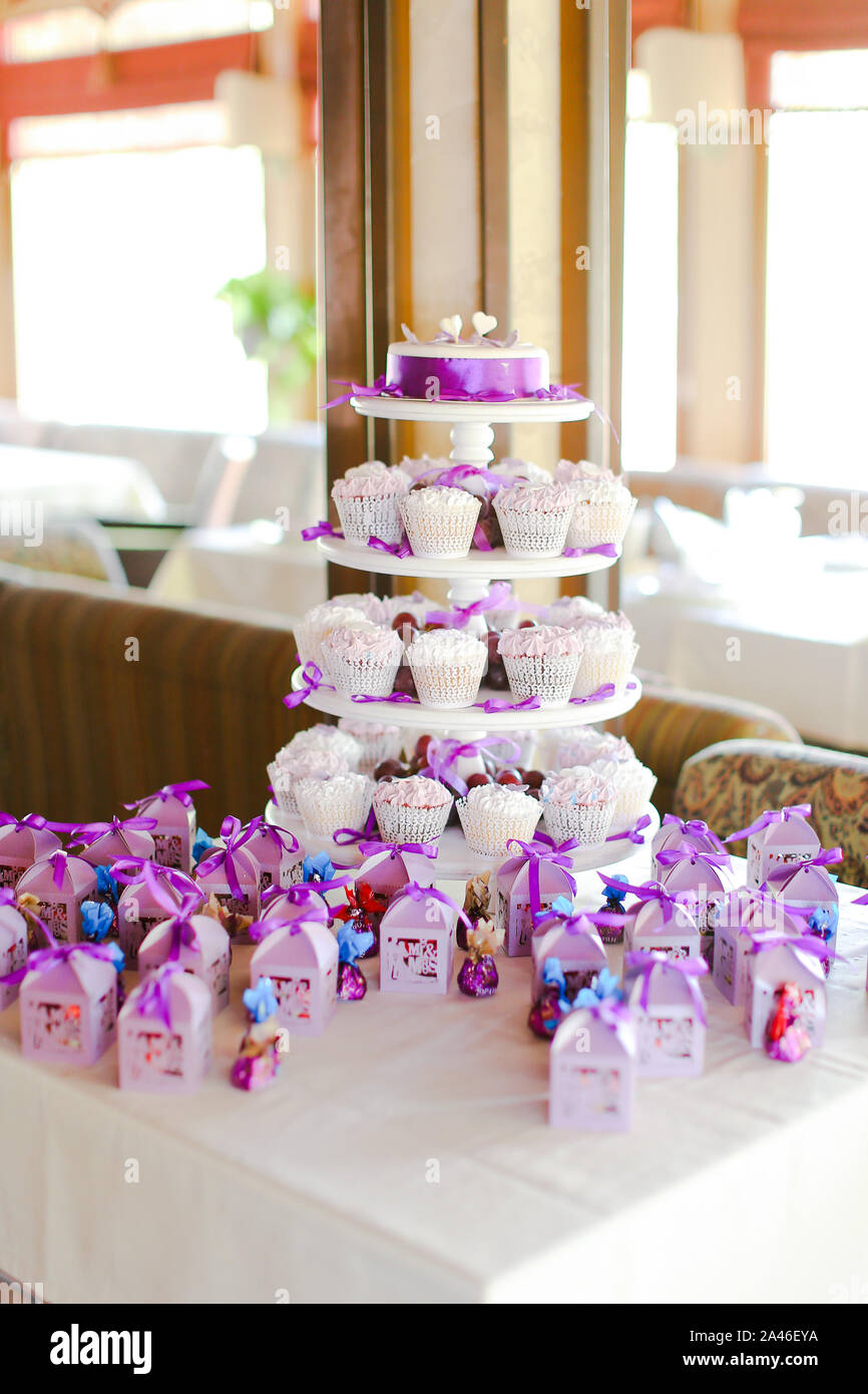 Violet decorations and sweet cute cakes for party. Concept of birthday sweets and tasty food. Stock Photo