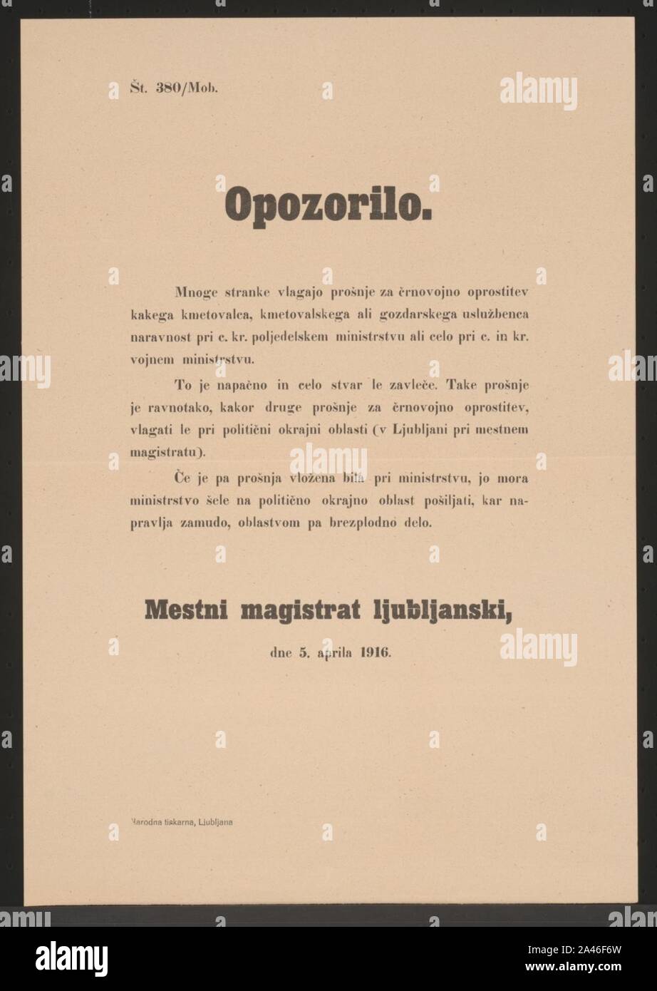 Fehler bei der Einreichung von Anträgen - Kundmachung - Laibach - In slowenischer Sprache 1916. Stock Photo