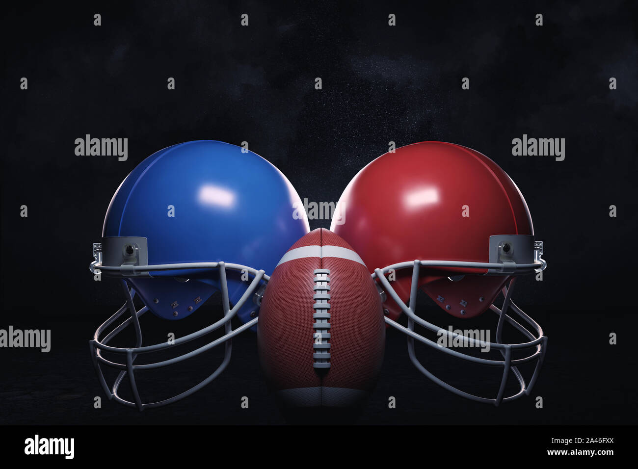 3d rendering of two helmets of different colors standing on both sides ...