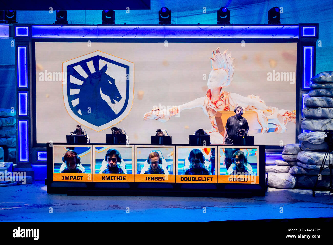 Berlin, Germany. 12th Oct, 2019. The E-Sport-Team Team Liquid (TL) will compete in the group phase of the E-Sport 'League of Legends'-World Championship in the Verti Music Hall. Credit: Christoph Soeder/dpa/Alamy Live News Stock Photo