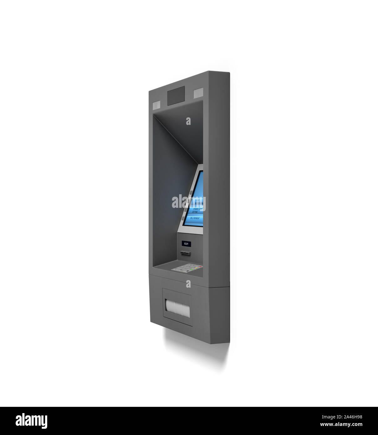 3d rendering of a wall ATM bank machine with a blue screen isolated on white background. Modern banking technologies. Getting cash from account. Manag Stock Photo