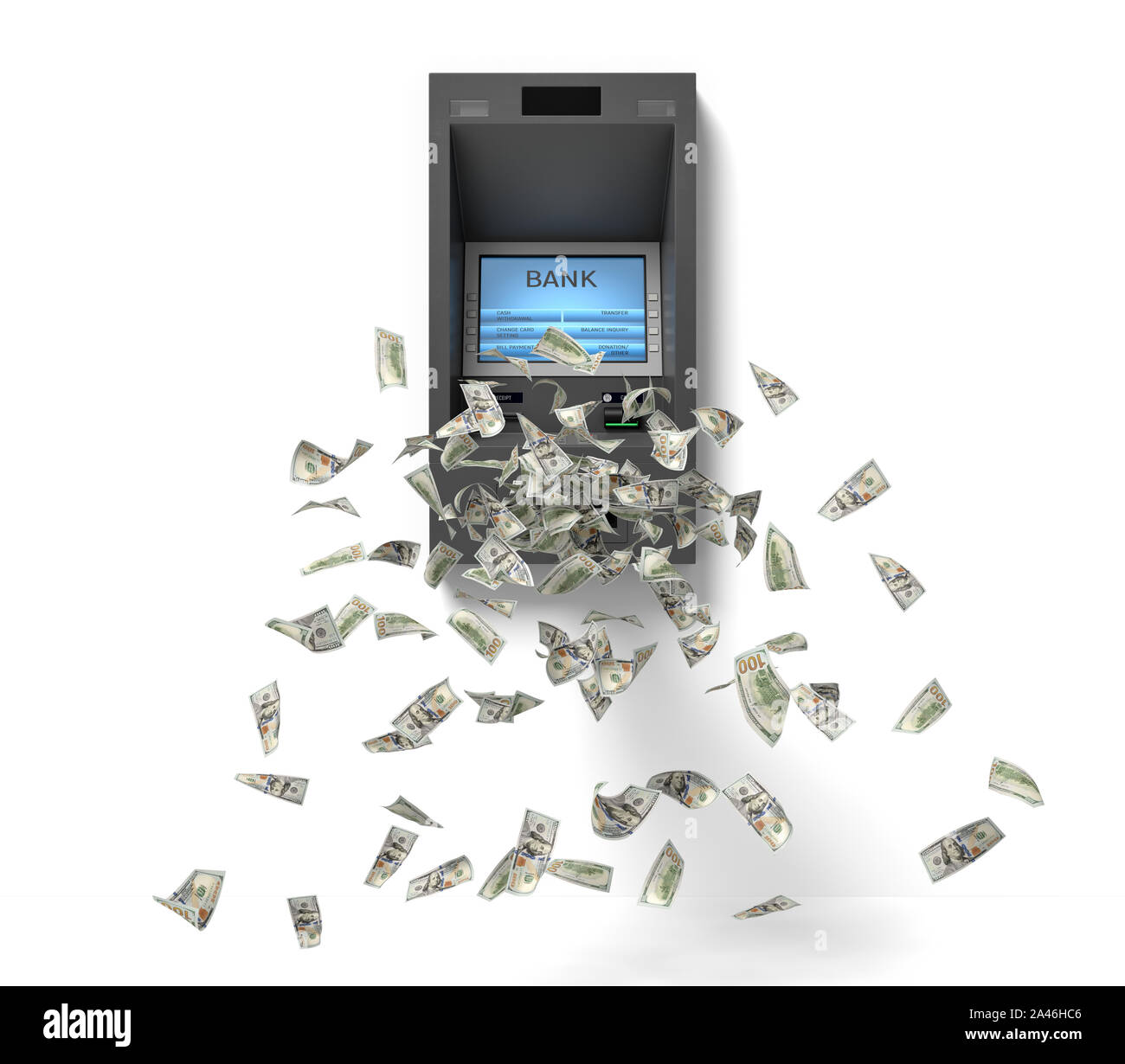 3d rendering of a wall bank ATM machine with green banknotes flying out of it. Personal account. Taking all cash. Dollars from banking machine. Stock Photo