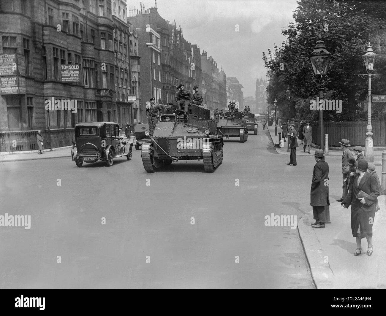 12th May 1926. Port Street, London, England. Troops in armoured cars on the streets of London in an attempt to keep control and maintain basic services, during the General Strike in the UK, that lasted from 3rd to 12th may 1926. Stock Photo