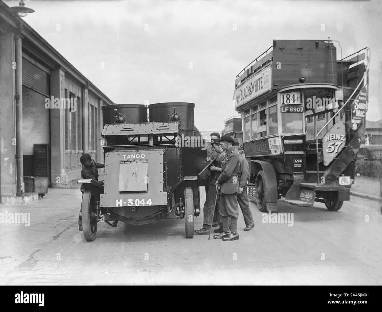 12th May 1926. London, England. British troops at a London Bus Depot, helping to maintain basic services during the General Strike in the UK, that lasted from 3rd to 12th may 1926. Stock Photo