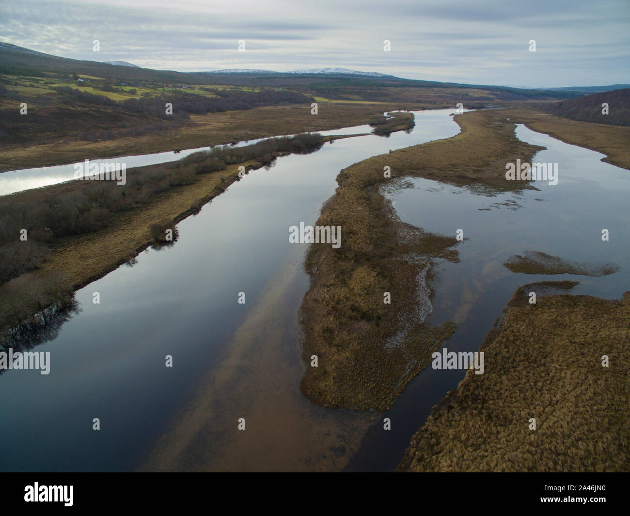Aerial view of the River Bran in the Scottigh Highlands of Scotland UK Stock Photo