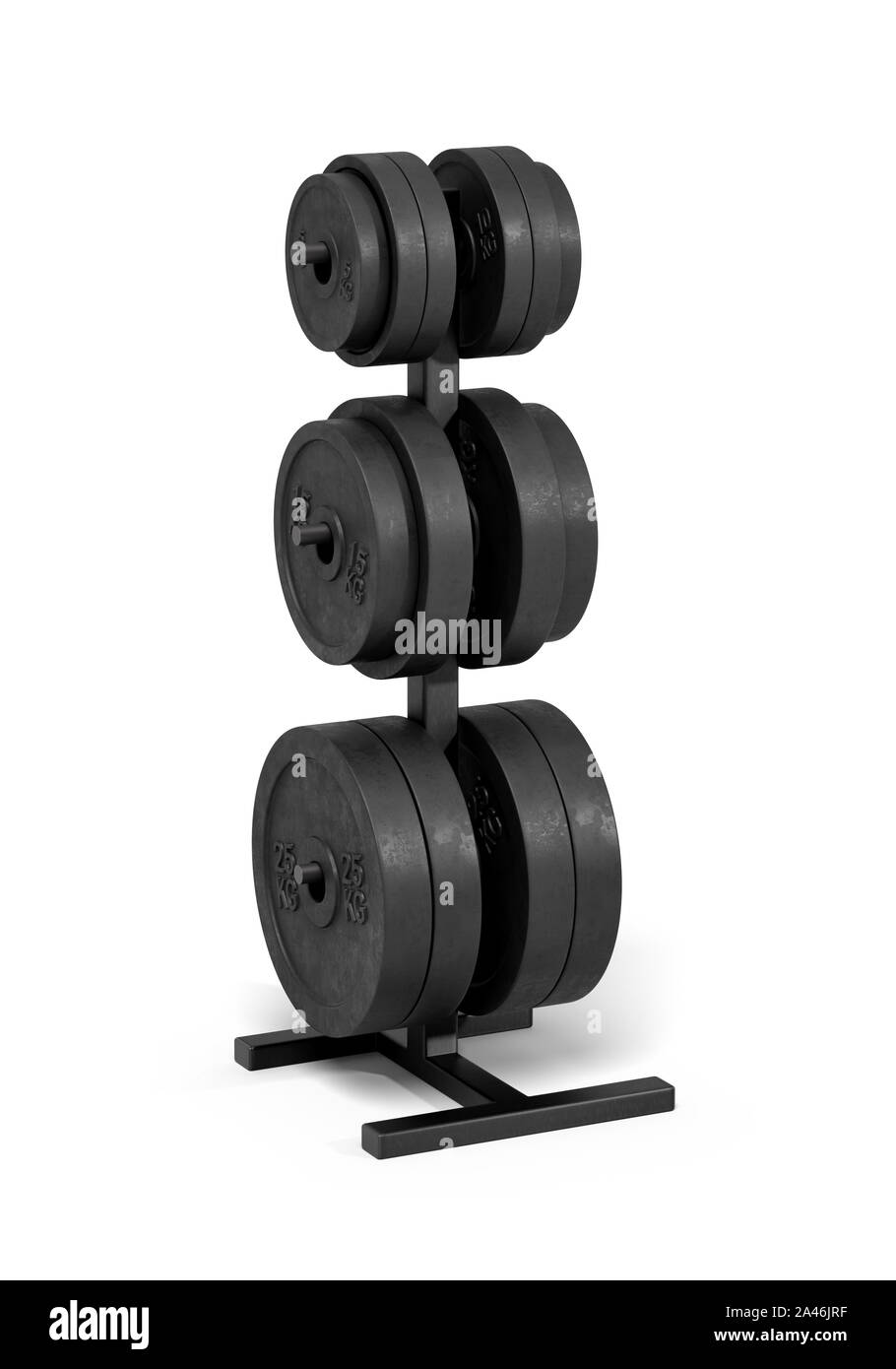3d rendering of an isolated black rack full of different black barbell weights stored on it. Choosing your weight. Toning and losing weight. Going to Stock Photo
