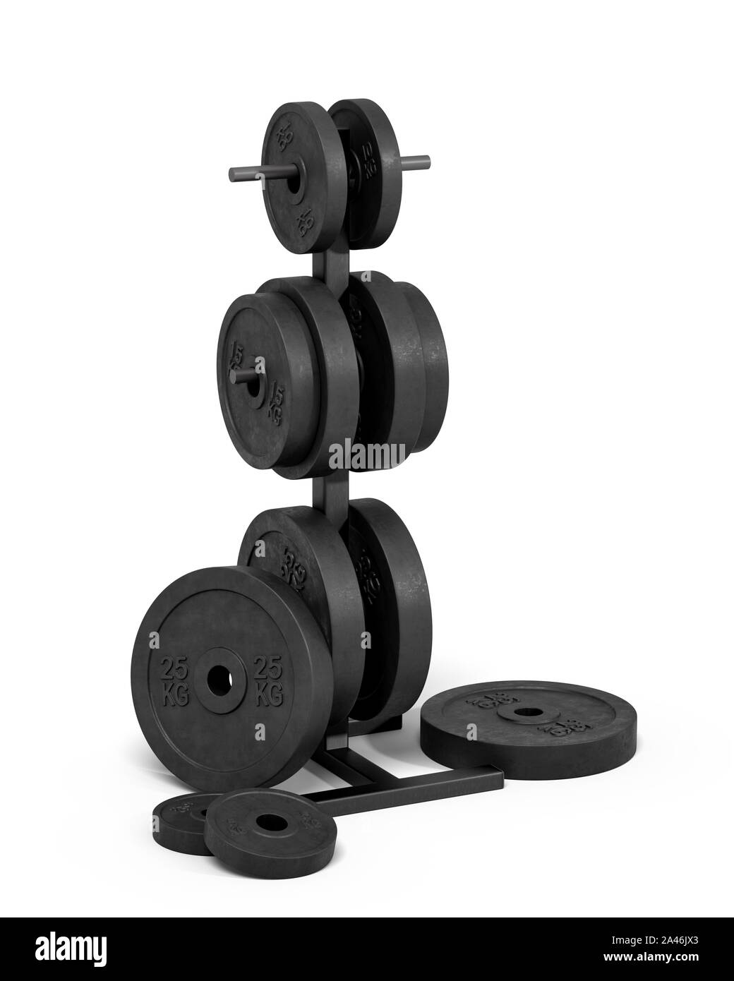 3d rendering of an isolated black rack full of different black barbell weights stored on it. Choosing your weight. Toning and losing weight. Going to Stock Photo